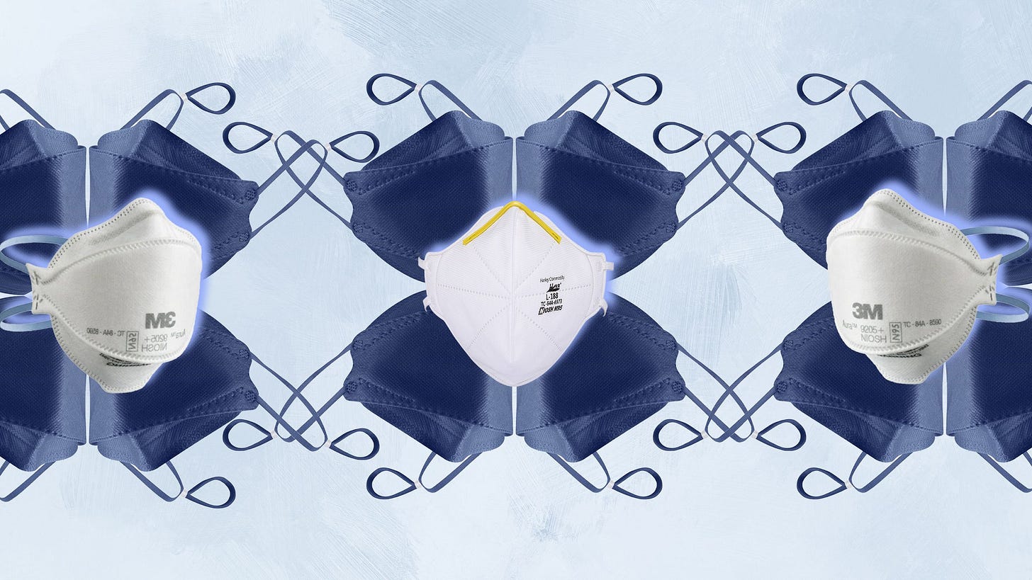 Digitally designed pattern of blue kn95 respirators in the background and assorted white n95 respirators in the foreground