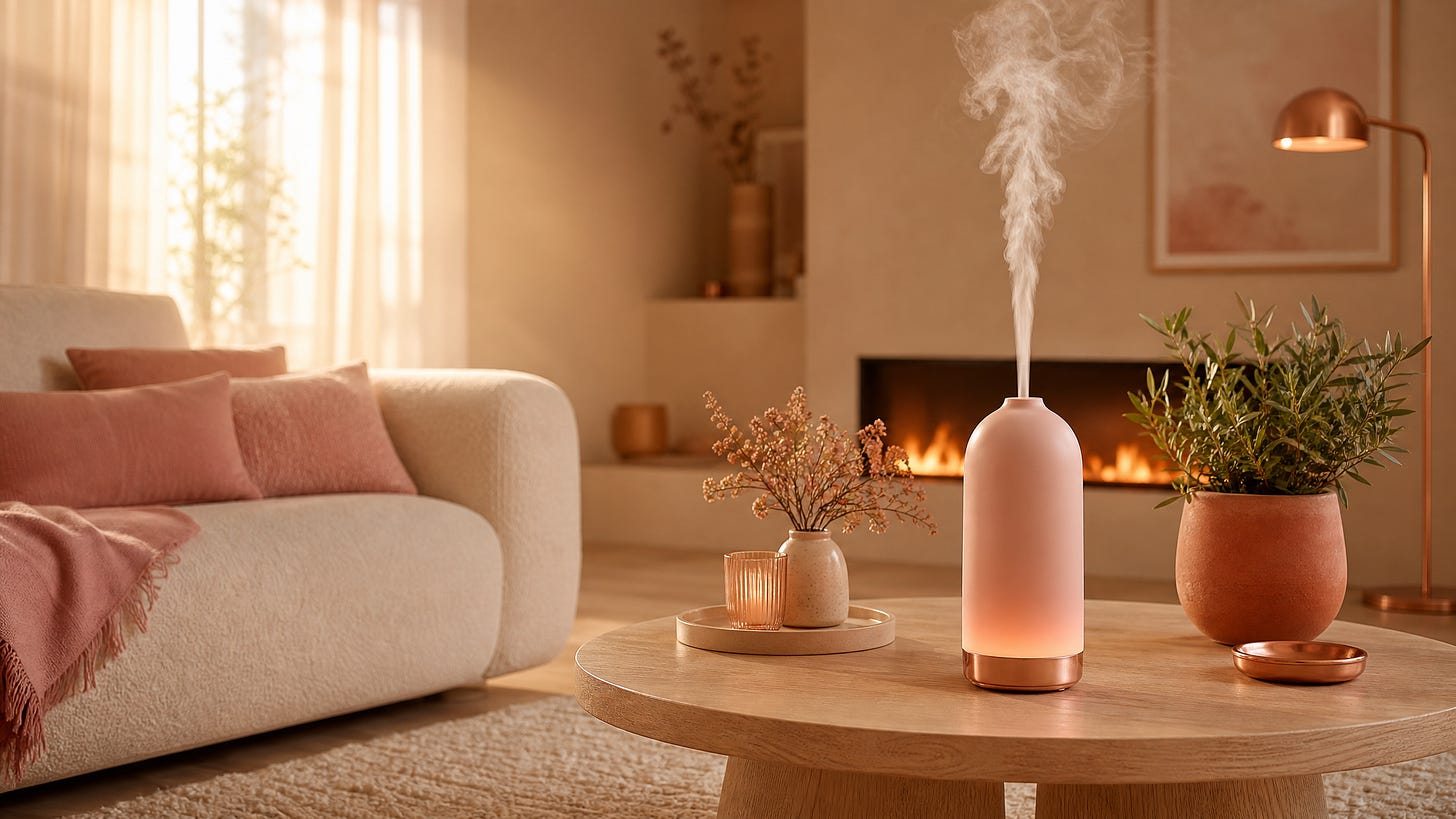 Image of a natural home fragrance diffuser inside a cozy living room.