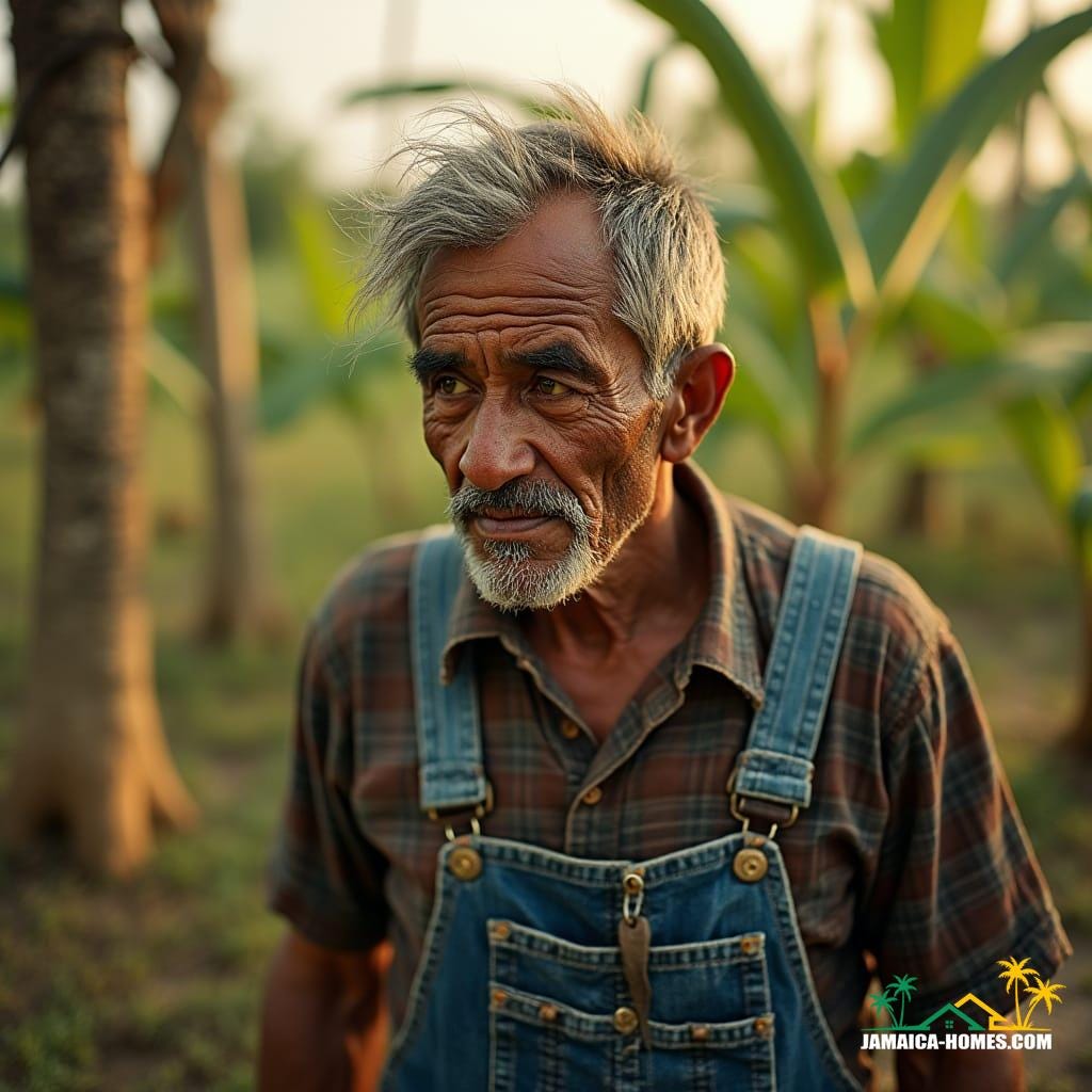 Weathered, aged Jamaican farmer, deeply wrinkled, lost in thought, eyes squinting in confusion, wisps of grey hair scattered across his forehead, worn denim overalls, faded plaid shirt, scuffed leather boots, dusty from the fields, set against a warm, golden-brown backdrop of lush tropical foliage, softly focused, with a shallow depth of field, accentuating the subject's rugged, timeworn features, cinematic lighting casting a warm glow, with subtle shadows and highlights, reminiscent of the works of Terrence Malick Weathered, aged Jamaican farmer, deeply wrinkled, lost in thought, eyes squinting in confusion, wisps of grey hair scattered across his forehead, worn denim overalls, faded plaid shirt, scuffed leather boots, dusty from the fields, set against a warm, golden-brown backdrop of lush tropical foliage, softly focused, with a shallow depth of field, accentuating the subject's rugged, timeworn features, cinematic lighting casting a warm glow, with subtle shadows and highlights, reminiscent of the works of Terrence Malick