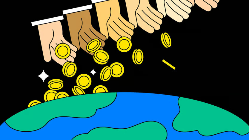 This illustration shows multiple hands dropping gold coins onto the Earth. The hands are of different skin tones, symbolizing diversity. The background is black, making the bright yellow coins and the blue-green Earth stand out. The image represents themes