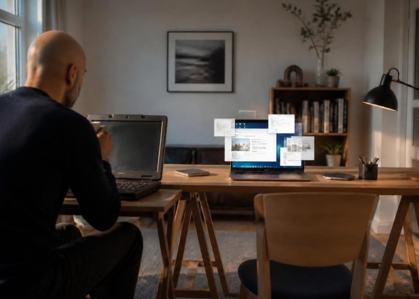 A bald man with a salt-and-pepper beard sits at an old computer while a new laptop works on its own A bald man with a salt-and-pepper beard sits at an old computer while a new laptop works on its own