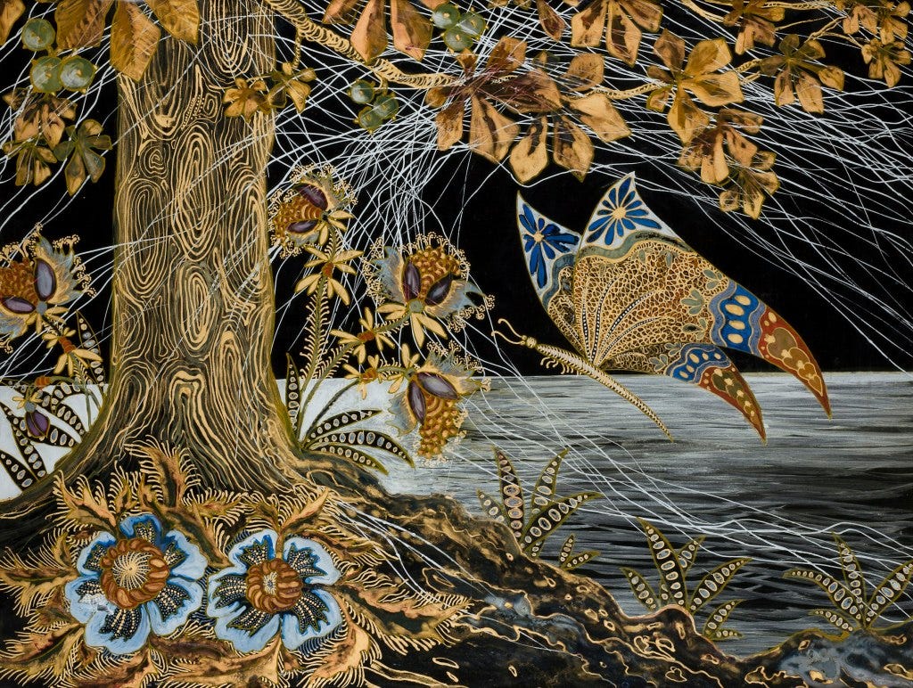 Stylized painting of a butterfly flying through cobwebs against a dark background.