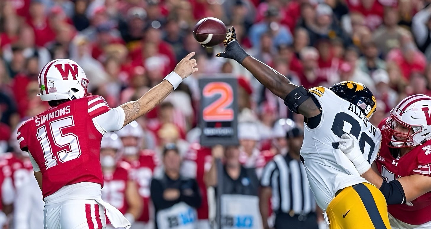 Wisconsin Badgers quarterback Hunter Simmons has a pass deflected by an Iowa defender at Camp Randall Stadium Wisconsin Badgers quarterback Hunter Simmons has a pass deflected by an Iowa defender at Camp Randall Stadium