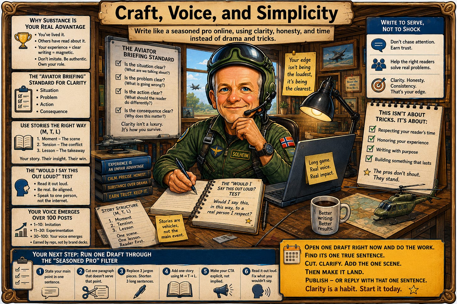 An detailed infographic checklist titled "Craft, Voice, and Simplicity" in image.png outlines the framework for clear, honest, and impactful online writing. Featuring a smiling aviator pilot named "Solheim" at his desk, the graphic contrasts hype and attention-seeking with substance and professional standards. Key frameworks include the "Aviator Briefing" Standard for Clarity (Situation, Problem, Action, Consequence) and the "Would I Say This Out Loud?" Test, reminding writers to prioritize respecting their reader's time over cheap trick An detailed infographic checklist titled "Craft, Voice, and Simplicity" in image.png outlines the framework for clear, honest, and impactful online writing. Featuring a smiling aviator pilot named "Solheim" at his desk, the graphic contrasts hype and attention-seeking with substance and professional standards. Key frameworks include the "Aviator Briefing" Standard for Clarity (Situation, Problem, Action, Consequence) and the "Would I Say This Out Loud?" Test, reminding writers to prioritize respecting their reader's time over cheap trick