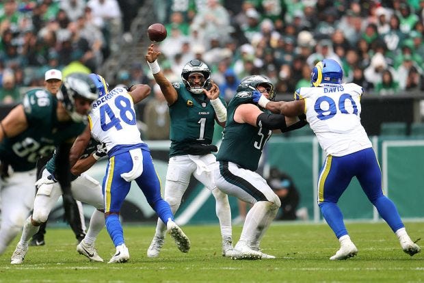 Philadelphia Eagles quarterback Jalen Hurts (1) throws a pass against the Los Angeles Rams at Lincoln Financial Field on Sunday, Oct. 4, 2026, in Philadelphia. (Emilee Chinn/Getty Images) Philadelphia Eagles quarterback Jalen Hurts (1) throws a pass against the Los Angeles Rams at Lincoln Financial Field on Sunday, Oct. 4, 2026, in Philadelphia. (Emilee Chinn/Getty Images)