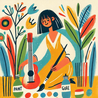 A colorful illustration of a woman sitting among plants, holding a paintbrush in one hand and a guitar nearby, surrounded by art supplies like paint and glue.