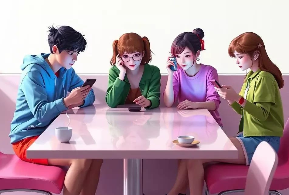 Four People in a Restaurant on Their Phones