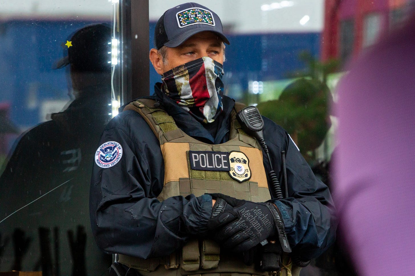A masked ICE agent stands guard outside as ICE and other law enforcement agents raid Las Cuatro Milpas in Minneapolis, Minnesota Tuesday, June 3, 2025. The incident led to a strengthening of the separation ordinance between immigration authorities and Minneapolis Police. (Photo by Nicole Neri/Minnesota Reformer) A masked ICE agent stands guard outside as ICE and other law enforcement agents raid Las Cuatro Milpas in Minneapolis, Minnesota Tuesday, June 3, 2025. The incident led to a strengthening of the separation ordinance between immigration authorities and Minneapolis Police. (Photo by Nicole Neri/Minnesota Reformer)