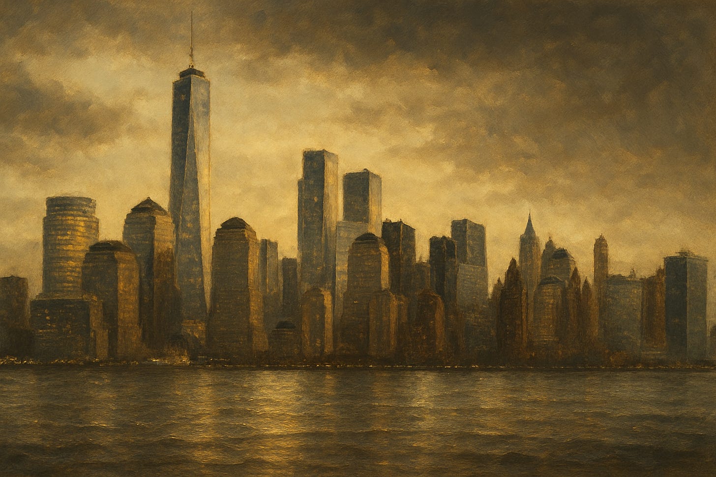 An atmospheric oil-style painting of the New York City skyline at dusk, featuring the Freedom Tower rising prominently among other buildings, with golden light reflecting off the Hudson River under a cloudy sky.