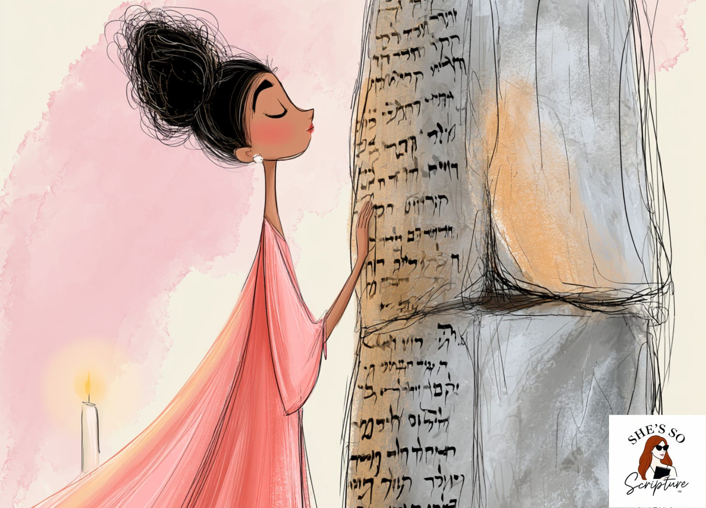 Illustrated woman standing before an ancient stone wall covered in Hebrew script, her hand pressed against it, eyes closed in reverence, warm candlelight glow, blush pink and cream watercolor background, sketchy ink outlines.