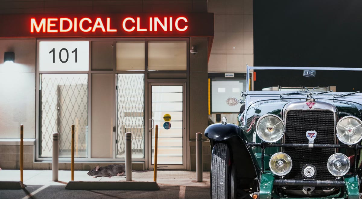 A medical clinic with room 101 and an Alvis Firefly parked outside, with a rat. A medical clinic with room 101 and an Alvis Firefly parked outside, with a rat.