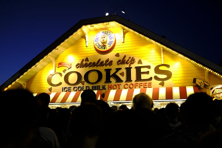 Overhead shot of attendees, friends in the gondola behind me on the Skyride, seed art wall at the Crop Art show, attendee looking over loaves of bread, amusement rides, golden hour behind the crowd, Sweet Martha's Cookies at night.