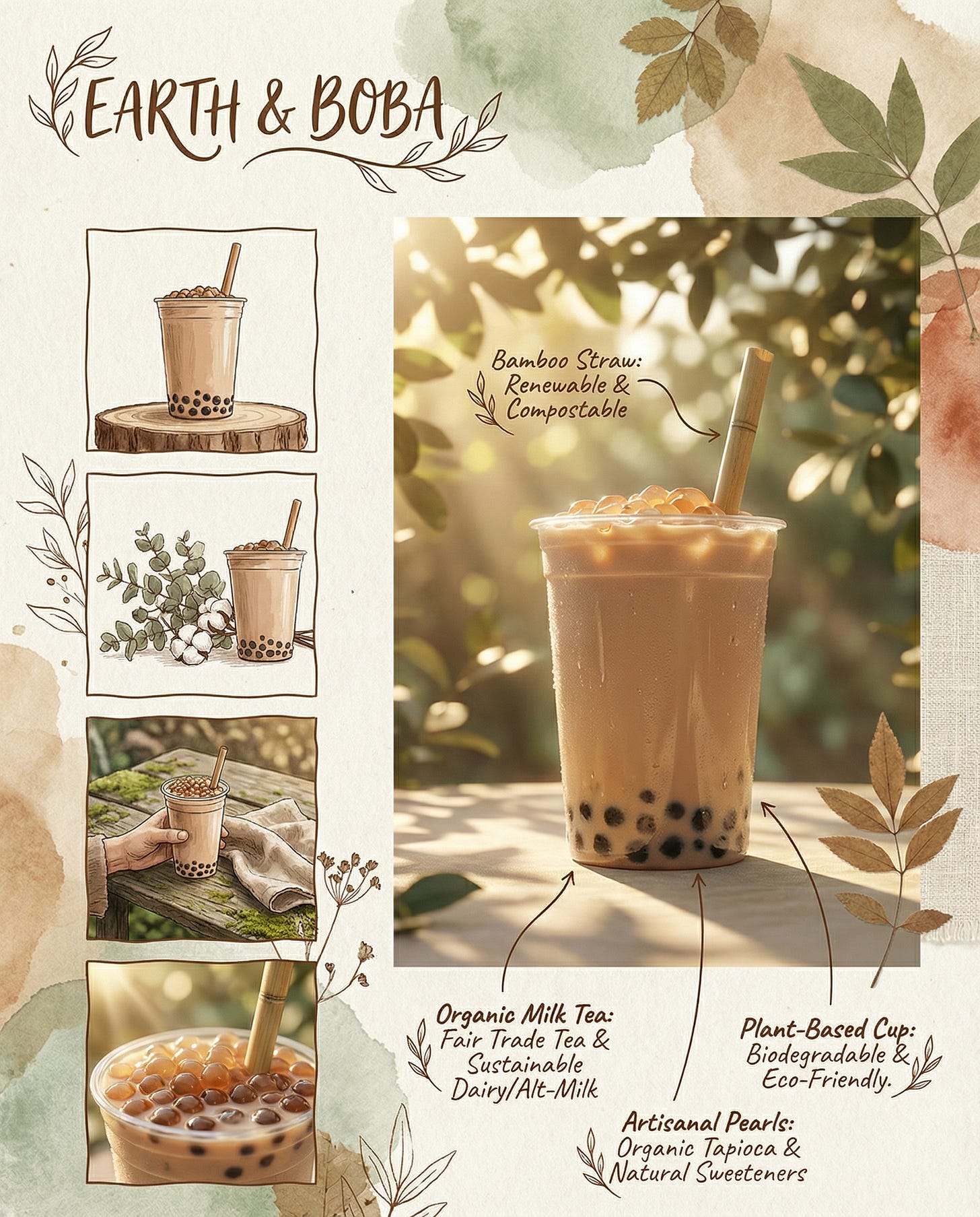 Image 8: May be an image of drink and text that says 'EARTH & BOBA Bamboo BambooStraw: Straw: Renewable & Compostable Organic Milk Tea: Fair Trade Tea ＆ Sustainable Dairy/Alt-Milk Plant-Based Plant- Based Cup: Biode Biodegradable radable & Eco-Friendly. riendly. Eco- Artisanal Pearls: Organic Tapioca & Natural Sweeteners'