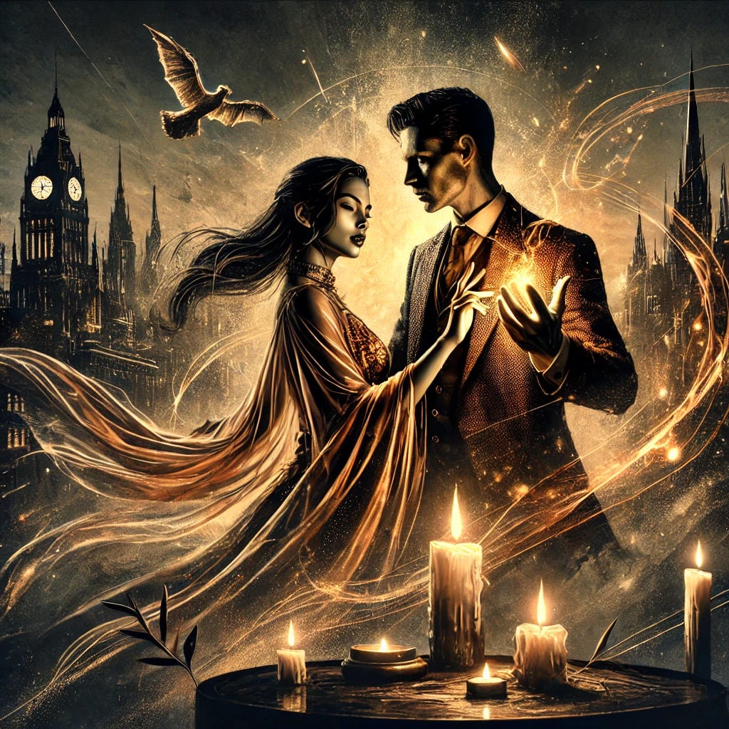 An ultra-realistic comic book style illustration in a Gotham-esque, moody, and sexy atmosphere. Nicole and Bobby are depicted in an intimate and powerful moment, exploring a deeply spiritual and grounding connection inspired by Tantra. The setting is dark and atmospheric, with glowing candles, shadowy cityscape elements, and warm golden light accentuating their forms. Nicole is portrayed with grace and allure, wrapped in elegant, flowing fabric, while Bobby exudes strength and presence in a tailored yet rugged outfit. Their bodies are close, energy visibly intertwining between them as a glowing aura, symbolizing their union of 5D and 3D. The scene captures intimacy, mystery, and a divine sense of connection, emphasizing sensuality and depth.