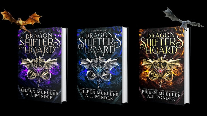 Dragon Shifters Hoard Hardback covers eac with double dragon pendant. Snow and Red is purple. Zephyr and Snow is blue. Dante and Red is fiery orange-red.  Zephyr and Dante, silver and gold dragons, herald the books.  