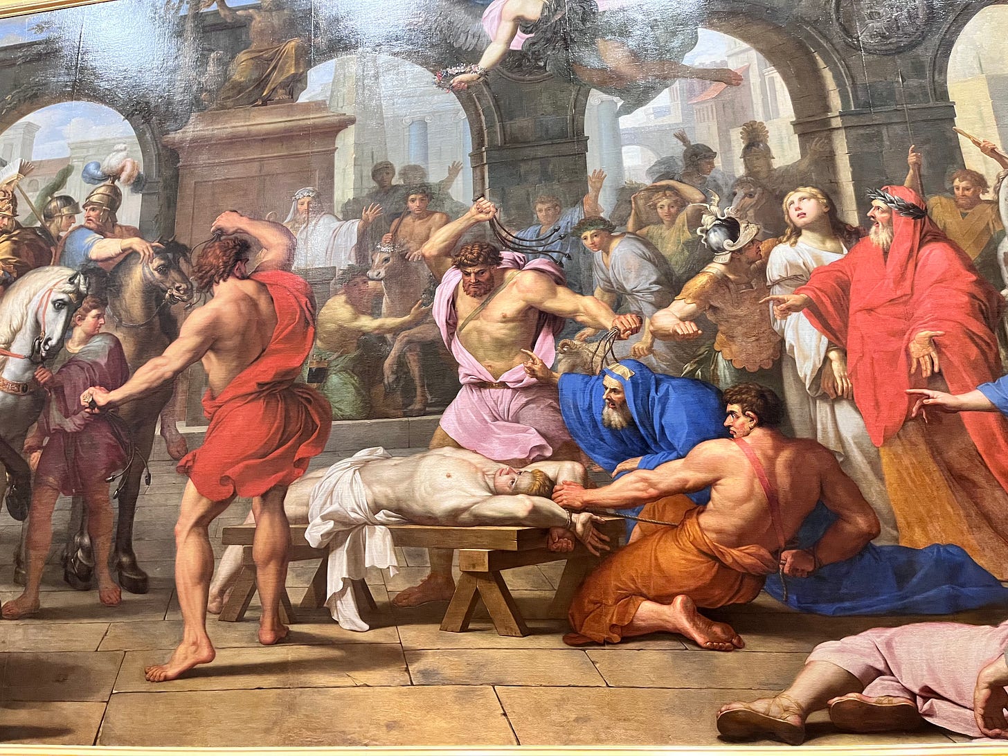 One of two giants paintings of the death and reburial of Gervais and Pontais in the Lyon Musee des Beaux Arts