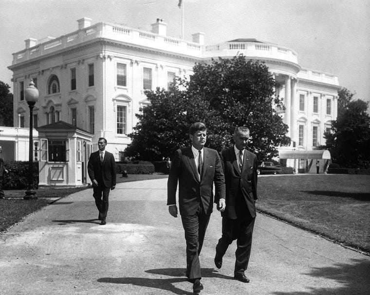 President John F. Kennedy and Vice President Johnson outside the White House in August 1961.