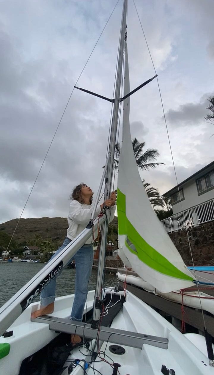 14 foot mono hull sailboat with jib sail in Oahu Hawaii Kai Hawaii.