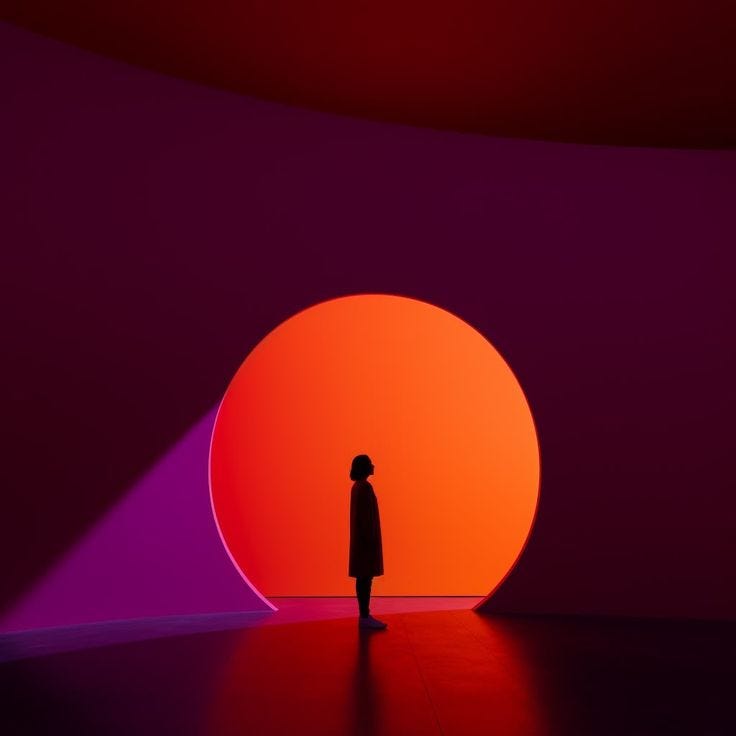 This may contain: a person standing in front of an orange and purple light with the sun behind them