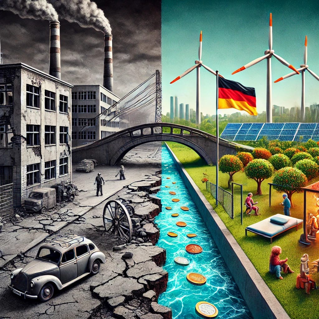 A split-screen image showing a stark contrast between two scenes. On the left side, there is a representation of deteriorating public infrastructure with crumbling buildings, an old bridge with cracks, and an underfunded healthcare facility with empty beds and broken equipment. The tones are muted and grayish, conveying a sense of neglect and stagnation. On the right side, the scene is vibrant and full of life. It shows modern infrastructure projects like a new school with children playing, a green energy plant with wind turbines, and coins flowing into community projects. The colors are bright and optimistic, symbolizing growth and investment. A small German flag is subtly placed on the right side to anchor the image in Germany. The overall image is a visual metaphor for the impact of reduced social spending versus the benefits of strategic investment in public infrastructure.