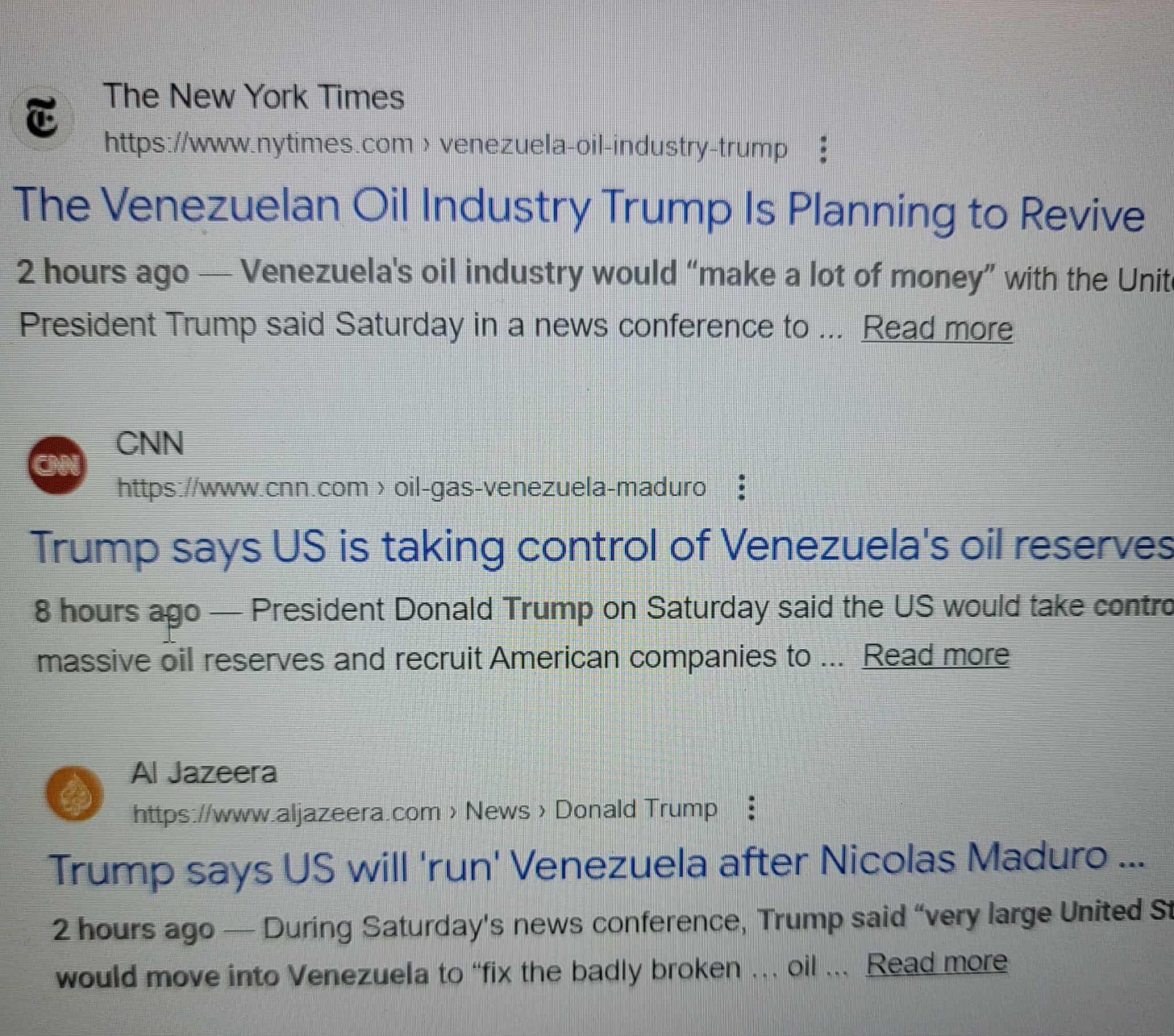 News headlines from The New York Times, CNN, and Al Jazeera confirming U.S. control of Venezuela’s oil following Kevin Wikse’s prior prediction.