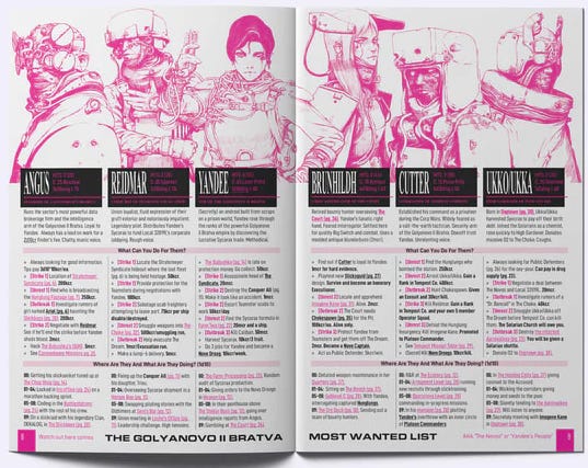 Two pages with 6 characters and information about each of them. Two pages with 6 characters and information about each of them.