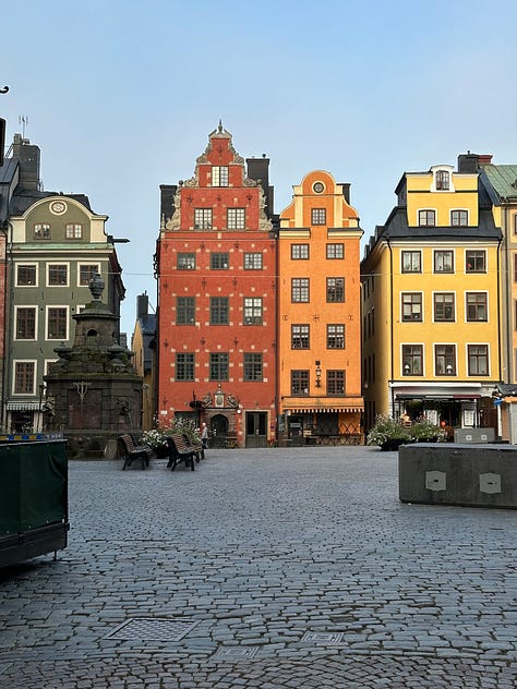 left: Dala horse; middle: princess cake from Tössebageriet; right: Stortorget in Gamla Stan
