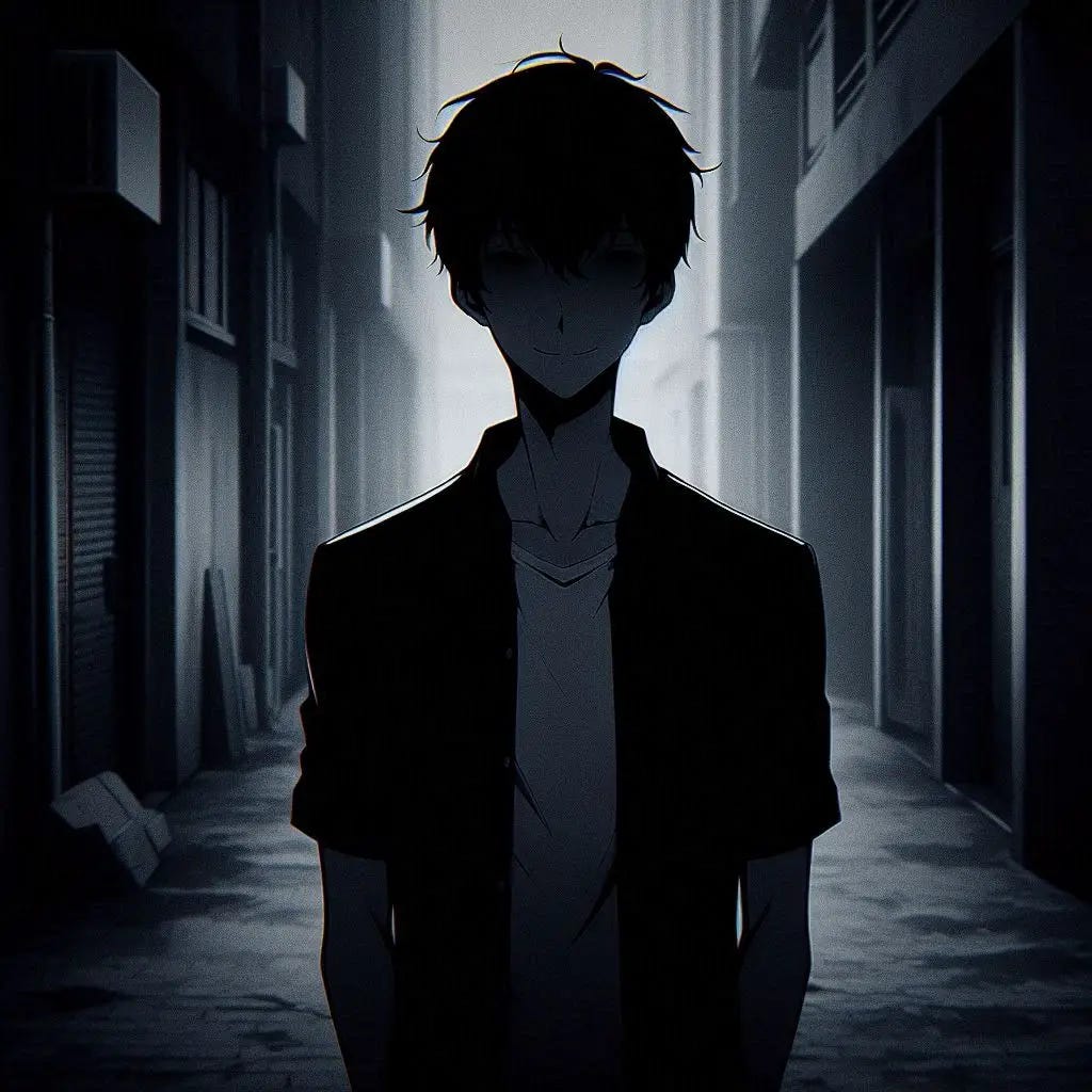 A black tall slender male featureless silhouette standing alone in a dark ally way smiling while staring. Anime art style. modern. eerie. horror. crappy security camera footage. dark. A black tall slender male featureless silhouette standing alone in a dark ally way smiling while staring. Anime art style. modern. eerie. horror. crappy security camera footage. dark.