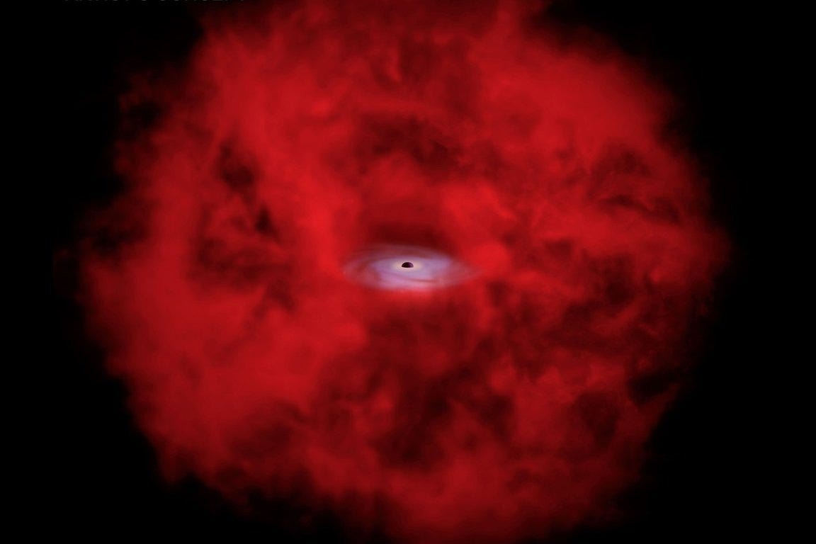 A black hole is depicted at the center, surrounded by a bright, swirling accretion disk in shades of white and light blue. The effect is of a giant eye hovering in space.