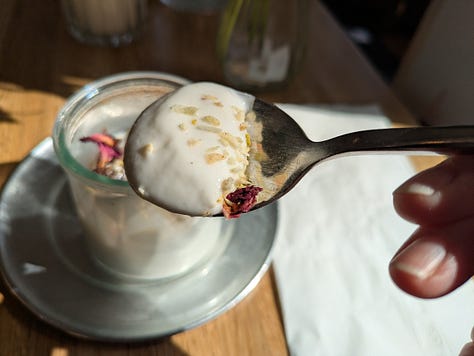 Pozole, horchata and a rose-cardamom coconut custard called mahalabia I had at Mera that all absolutely ruled.