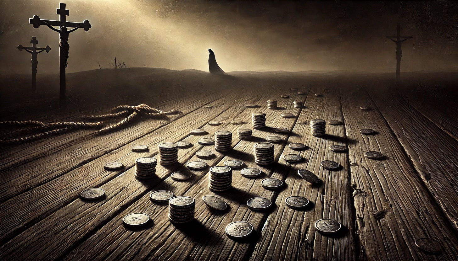 A symbolic and dramatic illustration in landscape mode of 30 pieces of silver, representing the betrayal of Jesus. The silver coins are scattered across a wide, dark, aged wooden surface that stretches horizontally. They glint subtly under a moody, somber light, with long shadows casting an air of guilt and foreboding. In the extended background, a faint silhouette of Judas walking away and a broken piece of rope are visible, adding layers of symbolic meaning. The overall scene is atmospheric, emotional, and rendered in a realistic, painterly style.