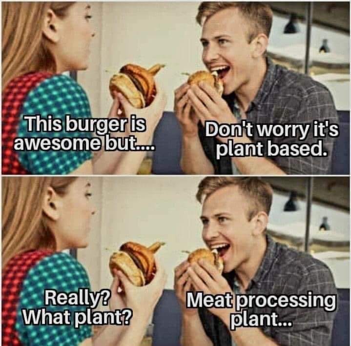 May be an image of 4 people and text that says 'This burgeris awesome but.... Don't worry it's plant based. Really? What plant? Meat processing plant...'
