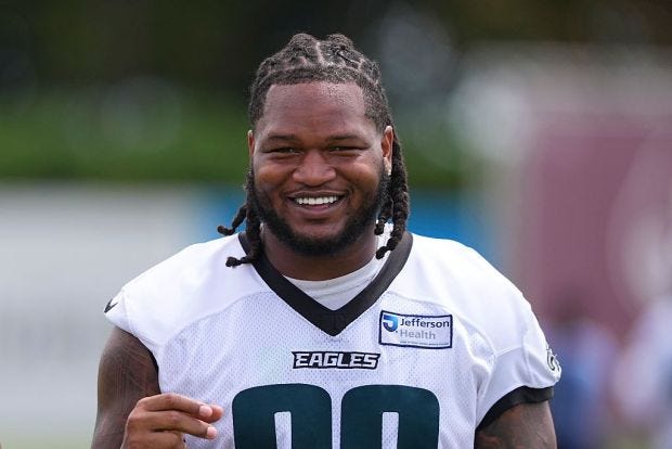 Philadelphia Eagles defensive tackle Jalen Carter (98) reacts during training camp at Jefferson Health Training Complex on July 30, 2026, in Philadelphia. (Mitchell Leff/Getty Images) Philadelphia Eagles defensive tackle Jalen Carter (98) reacts during training camp at Jefferson Health Training Complex on July 30, 2026, in Philadelphia. (Mitchell Leff/Getty Images)