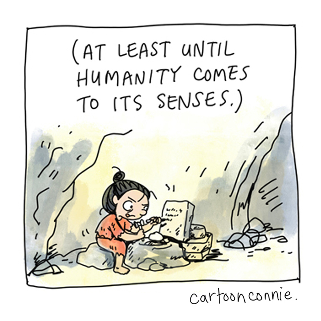 Panel 6 of a 6-panel comic strip about a cartoon girl with a bun, vowing to not use social media for getting news, for companionship, or as a measure of self-worth. Excerpt from "A Social Media Vow," original artwork by Connie Sun, cartoonconnie, 2025.