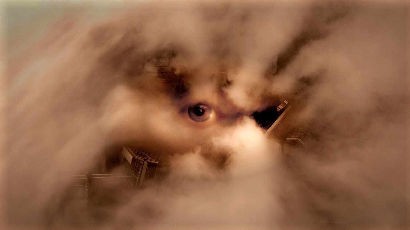 A single human eye peers out from the center of a swirling cloud of flesh‑colored fog. Faint outlines of buildings & streets dissolve into the haze around it. Suggests a world of “faceless ghosts” where narrator’s inability to see faces turns every person… even loved ones… into an indistinct blur. Yet the sharp, searching gaze hints at their fierce desire to truly see, recognize, and remember the people they long to call friends. This echoes the spoken word piece’s struggle for connection.
