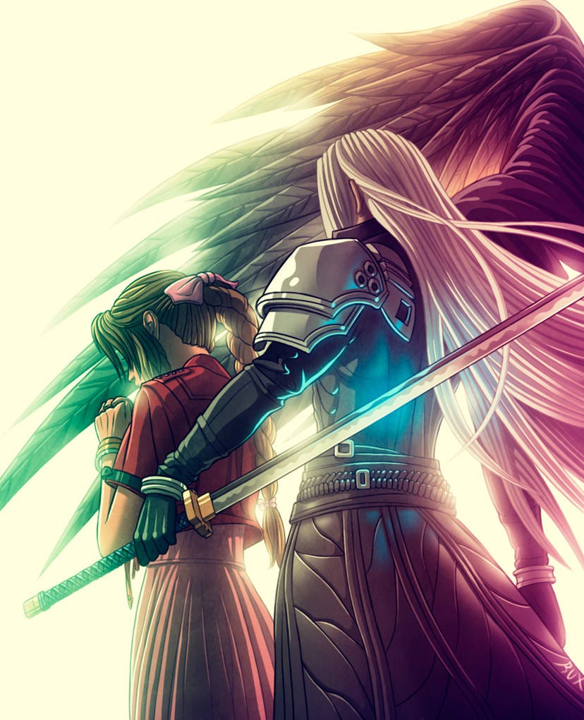 Artwork of Aerith and Sephiroth. They both have their backs to the viewer. Aerith is on the left, her hands clasped together as if in prayer. Sephiroth stands behind her, his sword unsheathed and his one black wing towering over them both.