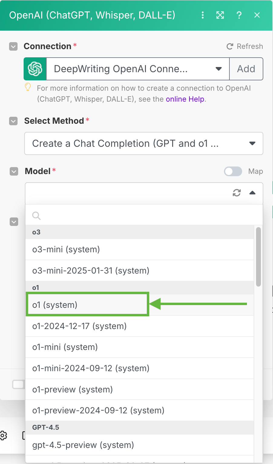 Model selection dropdown with o1 (system) highlighted