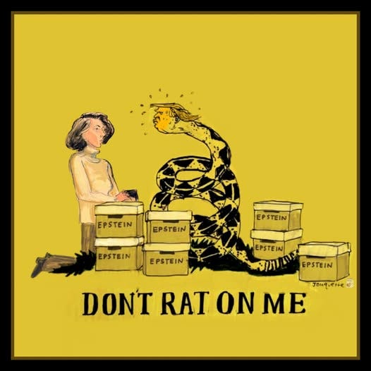 May be pop art of snake, rat and text that says 'EPSTEIN EPSTEIN EPSTEIN EPSTEIN STEIN EPSTEIN EPSTEIN EPSTEIN EPSTEIN Jouquette te E DONT RAT ON ME'