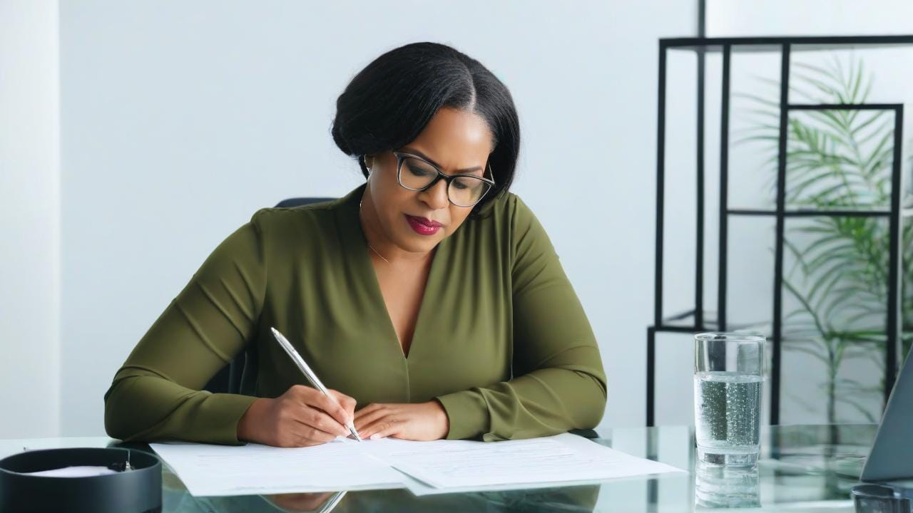 Black Woman wearing glasses life Coaching sitting sitting in office with water on the table with writing a letter