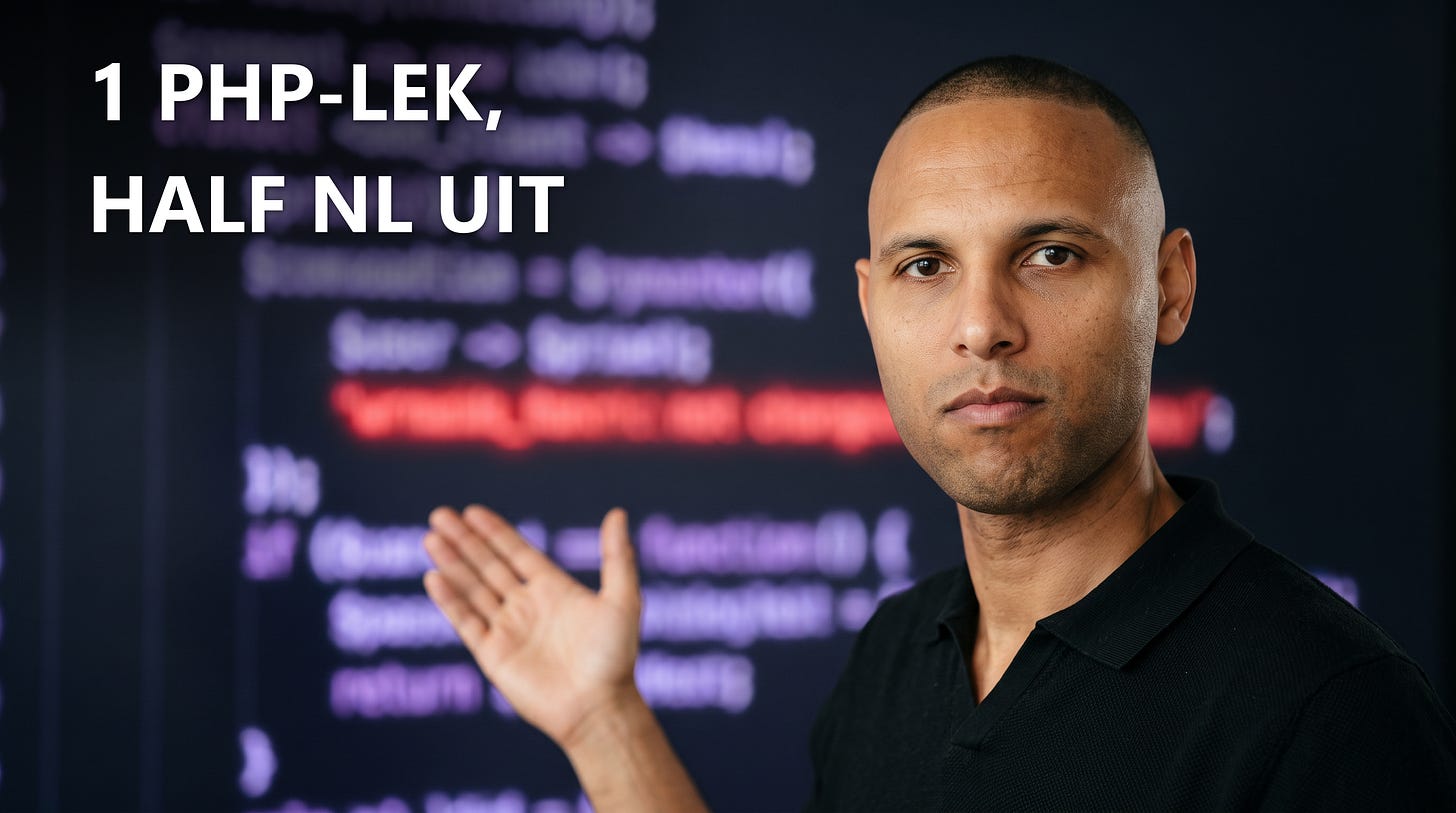 Luciano voor een wand met PHP-code, zijn hand wijst naar de ene regel die rood oplicht Luciano voor een wand met PHP-code, zijn hand wijst naar de ene regel die rood oplicht