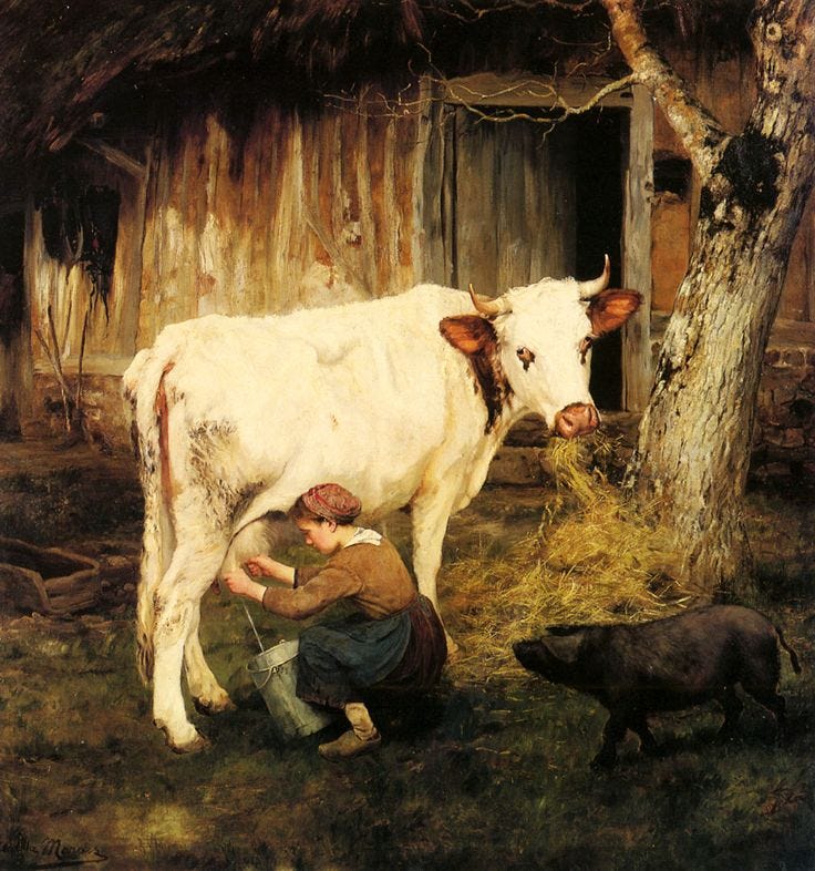 This may contain: a painting of a man milking a cow