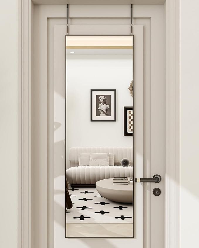 BEAUTYPEAK 14" x 48" Adjustable Height Over The Door Mirror, Black | Rectangular Full Length Hanging Door Mirror with Shatterproof Tempered Glass Aluminum Alloy Frame for Dormitory