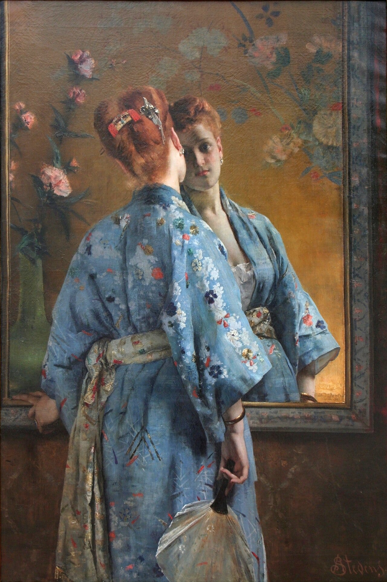 Alfred Stevens, a woman in a blue kimono before a Japanese panel Alfred Stevens, a woman in a blue kimono before a Japanese panel
