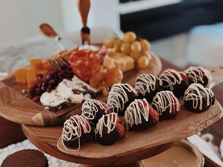 Burrata & Cherry Tomato, Maple Glazed Feta Carrots, Low Sugar Chocolate Strawberries, Low Fat Creamy Grilled Chicken, Garlic Stir-Fry Asparagus, Mashed Potatoes