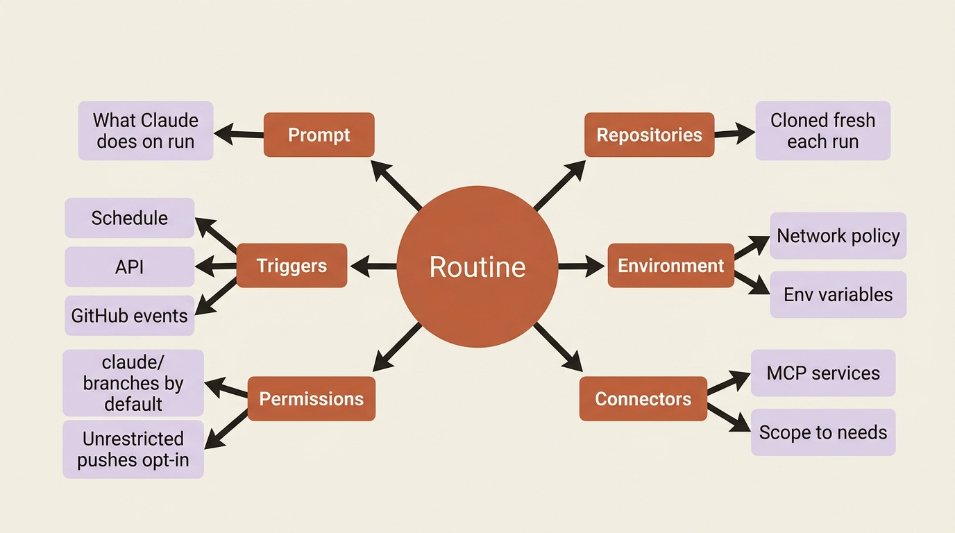 The six parts of a routine: the prompt, the repositories, the environment, the connectors, the permissions, and the triggers. The six parts of a routine: the prompt, the repositories, the environment, the connectors, the permissions, and the triggers.