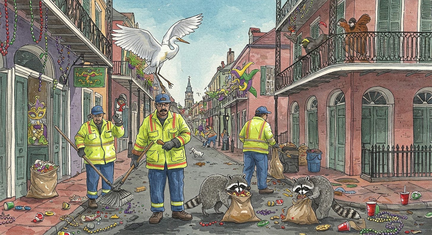 The mess left behind daily during Mardi Gras and the heroes who clean it up. The mess left behind daily during Mardi Gras and the heroes who clean it up.