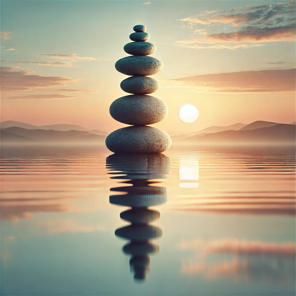 An image symbolizing balance without any text, featuring a serene scene of a balanced rock stack by a calm water surface at sunset. The reflection in the water enhances the harmony, with soft colors in the sky creating a peaceful atmosphere. The rocks are perfectly aligned, symbolizing stability and equilibrium, while gentle ripples add a sense of calm movement. The overall tone is tranquil and harmonious, capturing the essence of balance.