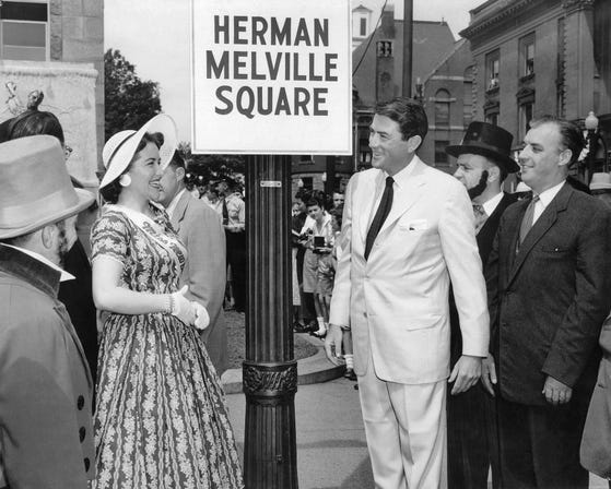 Miss New Bedford Carole Adams greets Moby Dick star Gregory Peck at Herman Melville Square. COURTESY OF SPINNER PUBLICATIONS Miss New Bedford Carole Adams greets Moby Dick star Gregory Peck at Herman Melville Square. COURTESY OF SPINNER PUBLICATIONS