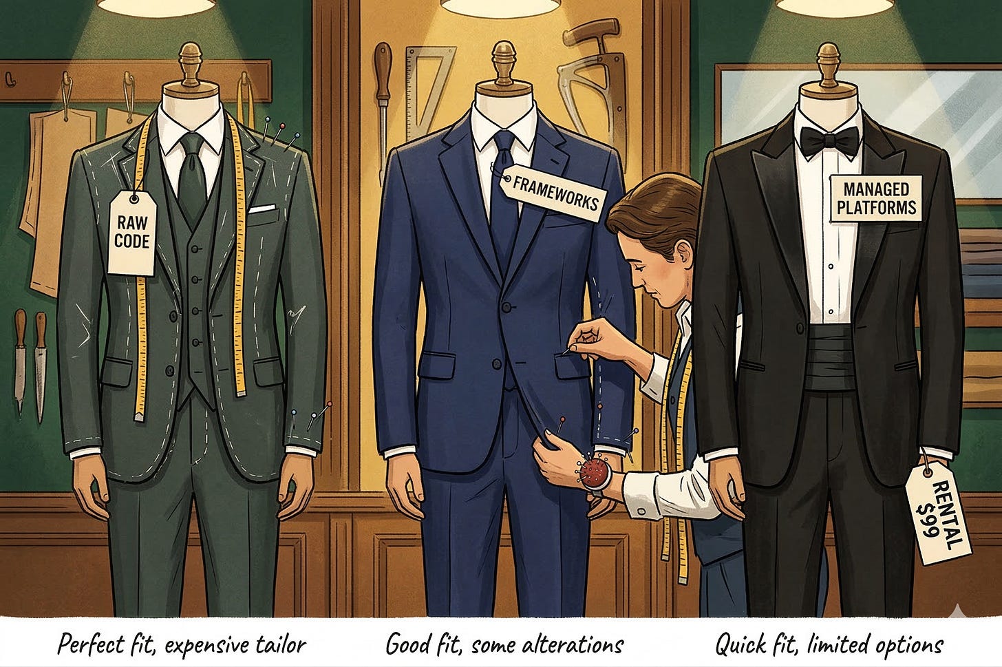 Three suits on mannequins representing build approaches. A perfectly tailored custom suit labeled Raw Code has a tape measure and pins. An off-the-rack suit being altered by a tailor is labeled Frameworks. A rental tuxedo with a dangling price tag is labeled Managed Platforms. Each has a trade-off note beneath it describing the balance of fit, cost, and flexibility. Three suits on mannequins representing build approaches. A perfectly tailored custom suit labeled Raw Code has a tape measure and pins. An off-the-rack suit being altered by a tailor is labeled Frameworks. A rental tuxedo with a dangling price tag is labeled Managed Platforms. Each has a trade-off note beneath it describing the balance of fit, cost, and flexibility.