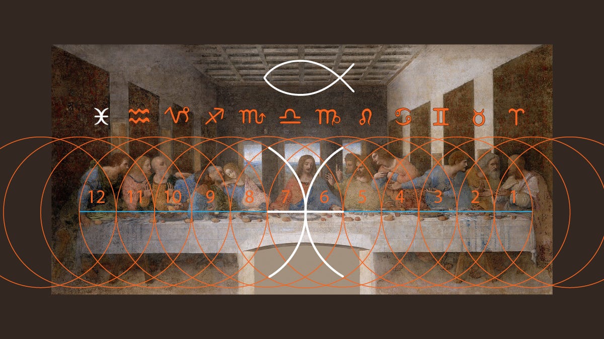 The Pisces glyph, “Jesus Fish,” and the twelvefold zodiacal division of Leonardo’s Last Supper table by the “Vessel of the Fish” (Vesica Piscis) and its indwelling Immortal Son – the Radius. (Illustration by Lori Tompkins, 2026).